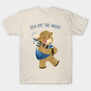 Wee Hamish Scottish Highland Cow And Bagpipes Says Och Aye The Moo! T-Shirt